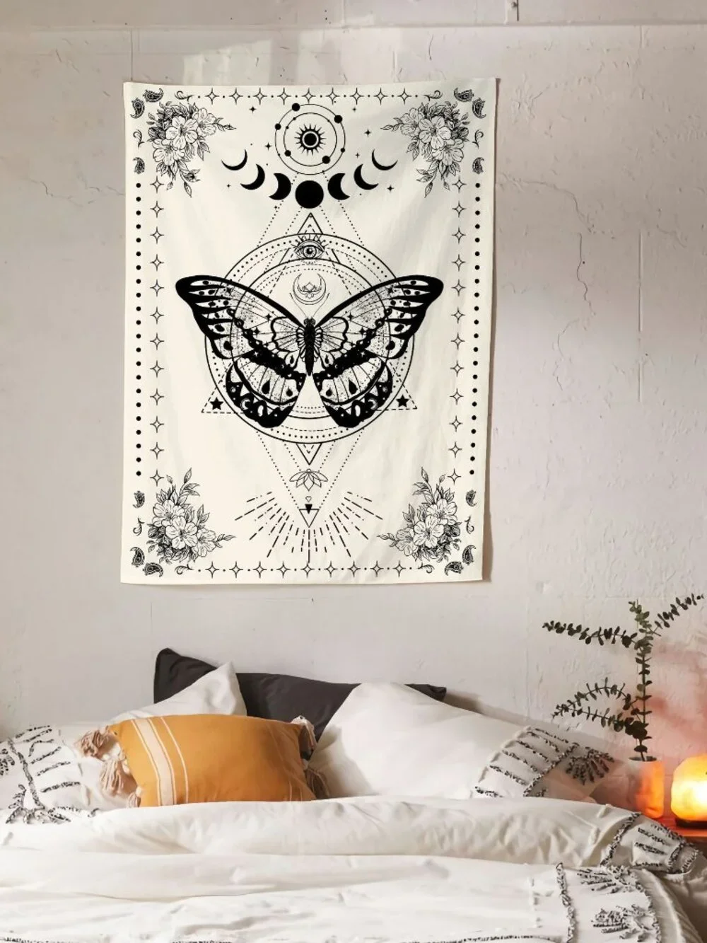35.48 Inch Mystical Boho Butterfly Moon Phase Floral Wall Tapestry